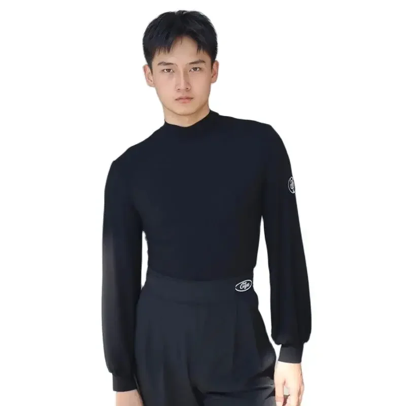 

Костюмы для латинских танцев для мужчин, рубашки с высоким воротником и длинными рукавами, чача, румба, танго, топы для латинских танцев для взрослых