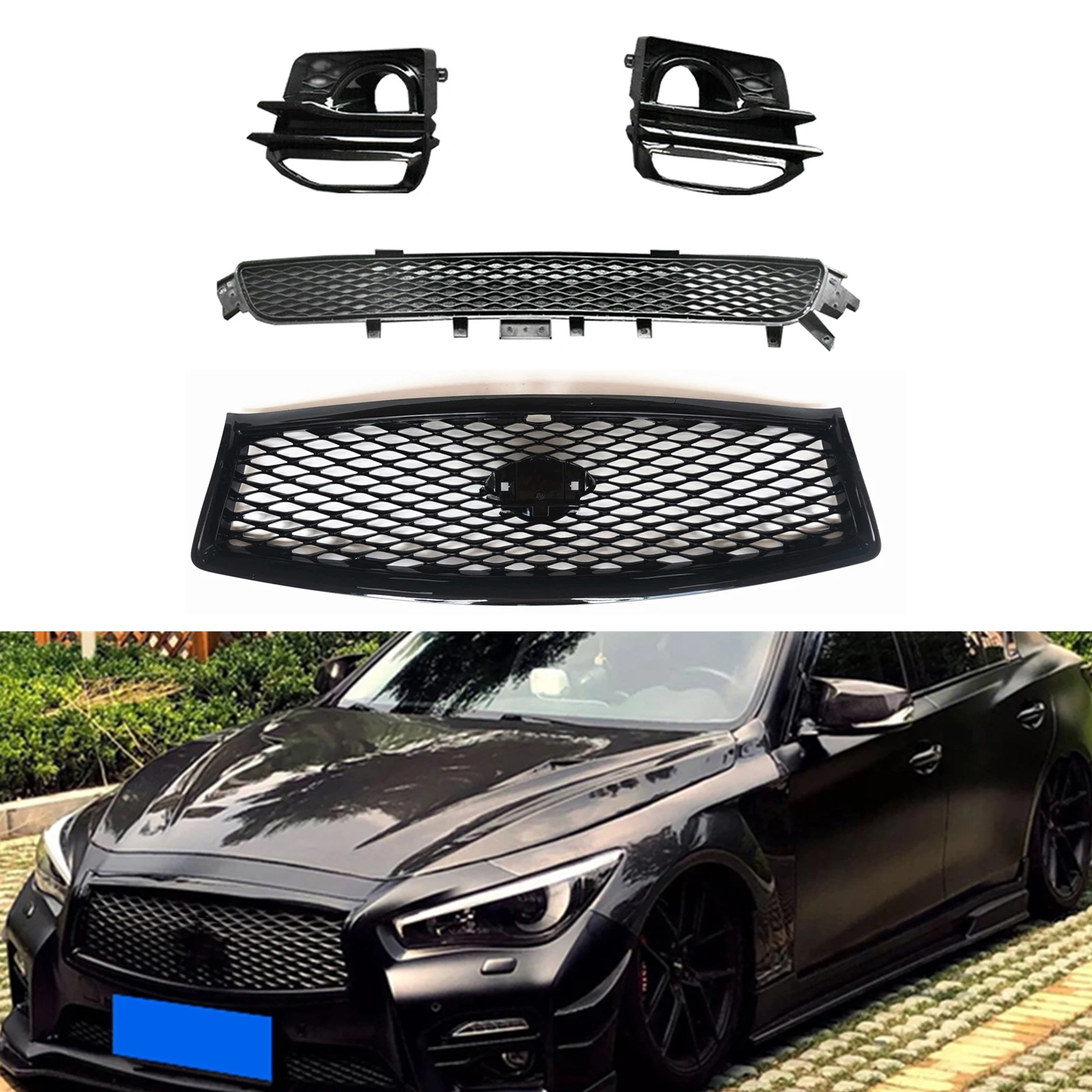 

For Infiniti Q50 2014-2017 Sport Front Upper Bumper Hood Grille+Lower Grill+Fog Light Cover Frame Car Side Air Vent Mesh Trim