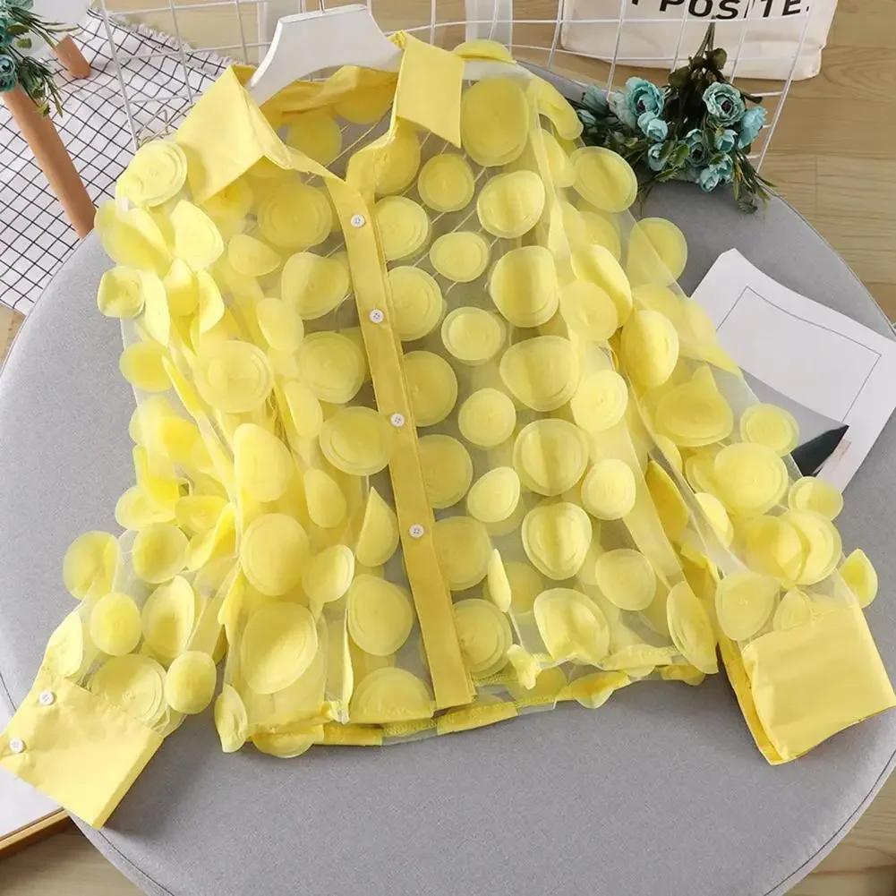 New Elegant French Blouse 3D Floral Print Semi Sheer Mesh Shirt Top Women Temperament Lantern Sleeve Shirt Sun Blouses
