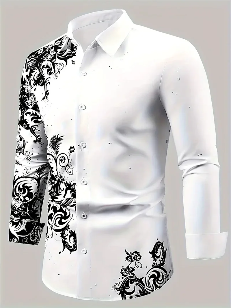 

Men's Simple Retro Business Casual Long Sleeved Lapel Shirt, Fashionable 3D Printed Shirt, Casual Comfortable Long Sleeved Shirt