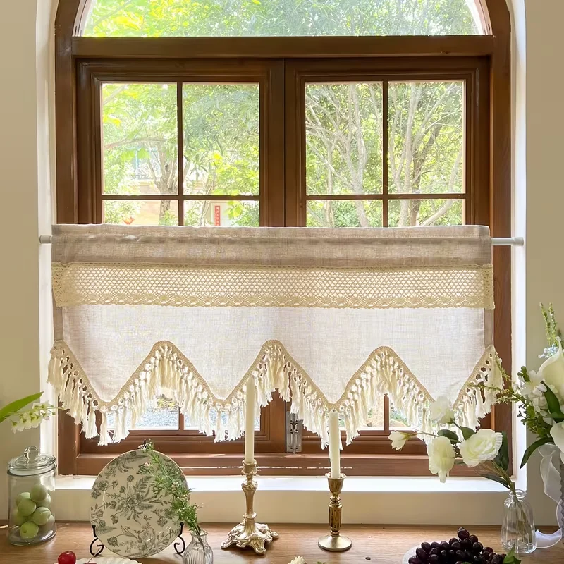 1PC Vintage Stitched Light Coffee Short Curtain with Wavy Bottom Tassels, for Kitchen, Study & Home Decoration
