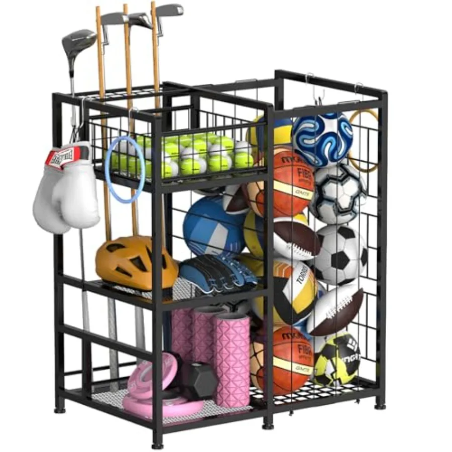

Sports Equipment Organizer with Elastic Cords and 4 Hooks Metal Garage Ball Organizer for Indoor Outdoor Ball Storage Rack with