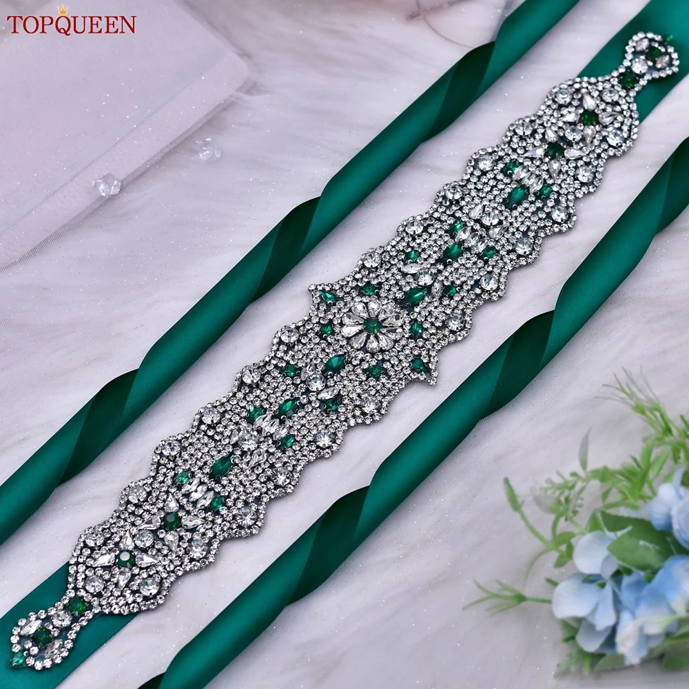 TOPQUEEN Rhinestone Bride Belt Green Diamond Wedding Dress Wide Sash Women's Ribbon Belt Stage Dress Accessories S233L-KL