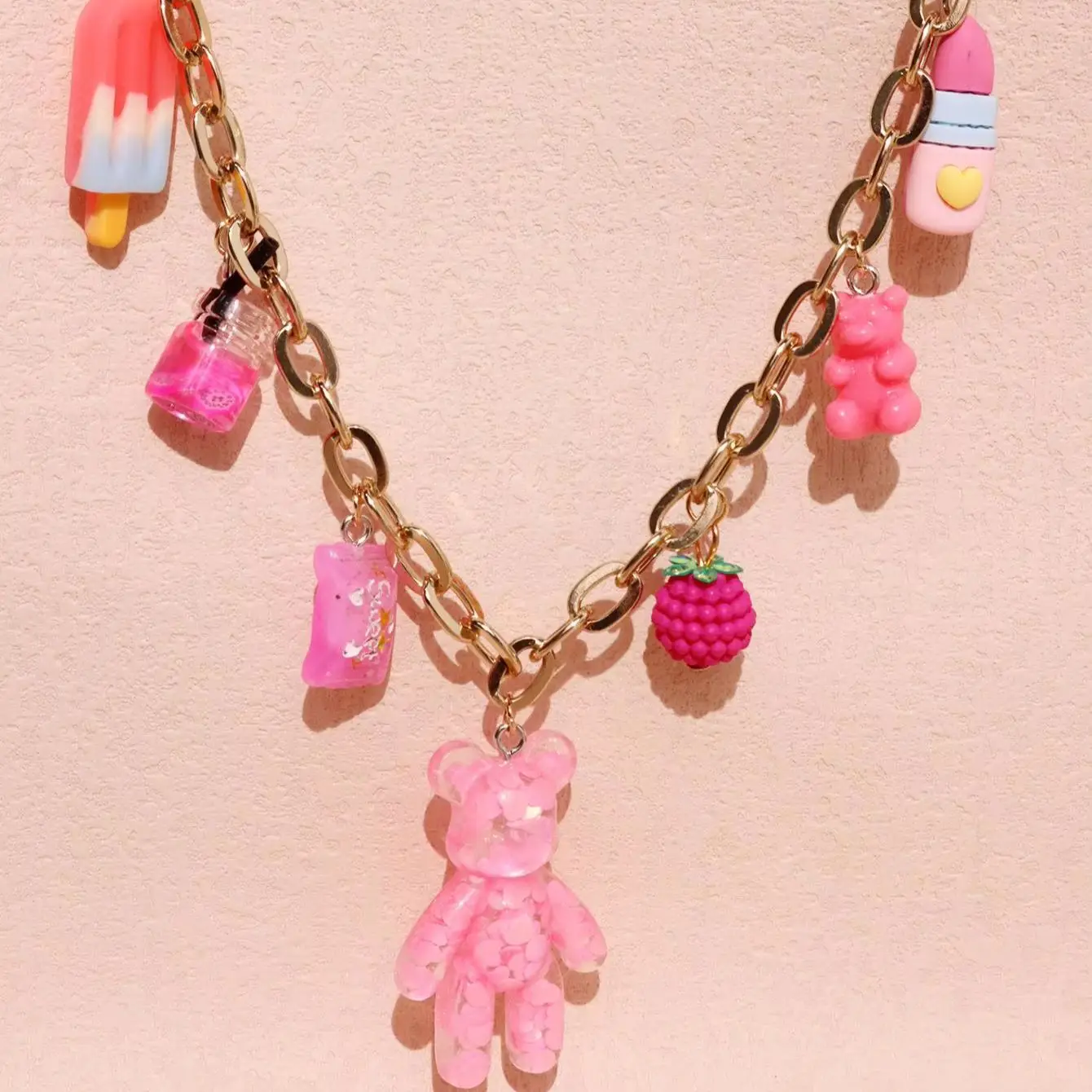 Kawaii Pink Gummy Bear Charm Necklace Y2K Sweet Resin Ice Cream Lipstick Raspberry Candy Pendant Chain Necklace Women Jewelry
