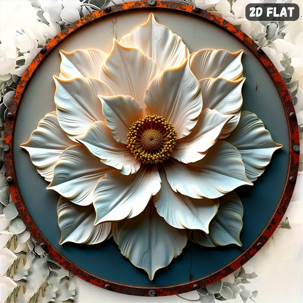 Vintage 8in Blue Round Floral Wall Sign, White Flower Aluminum Metal Art for Kitchen Garden Office, Easy Mount Decorative Plaque