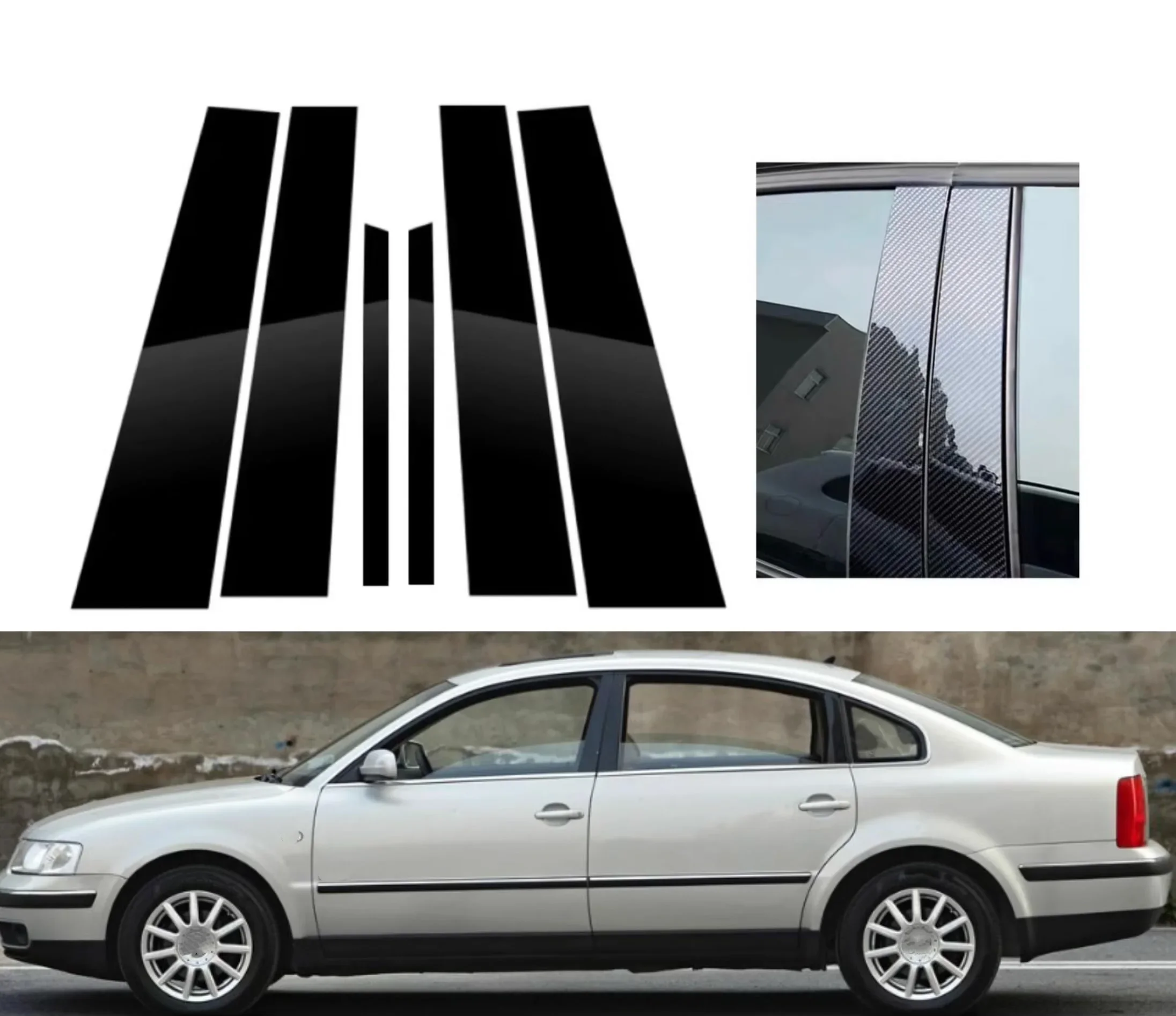 For Volkswagen Passat B5 2002 2003 2004 2005 6PCS Complete Exterior Kit With Gloss Black Silver Carbon B C Pillar Covers