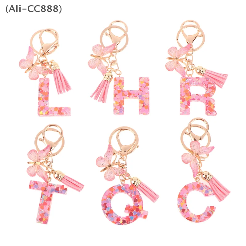 〔CC88〕American Pink Sequins Bag Charms Resin 26 Letters Keychain Butterfly Tassel Pendant Hanging Accessories