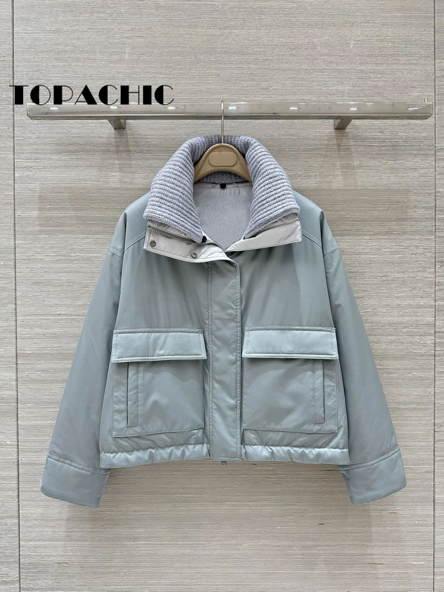 8.26 TOPACHIC-Women Back Bead Chain Long Sleeve Goose Down Coat Knit Lapel Detachable Design Big Pocket Loose Outerwear