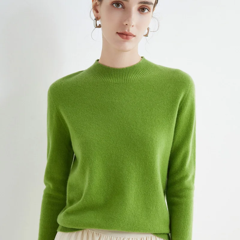 

2024 Spring and Autumn New 100% Merino Wool Knitted Half Height Top Women's Korean Fashion Loose Cashmere Long Sleeve Sweater