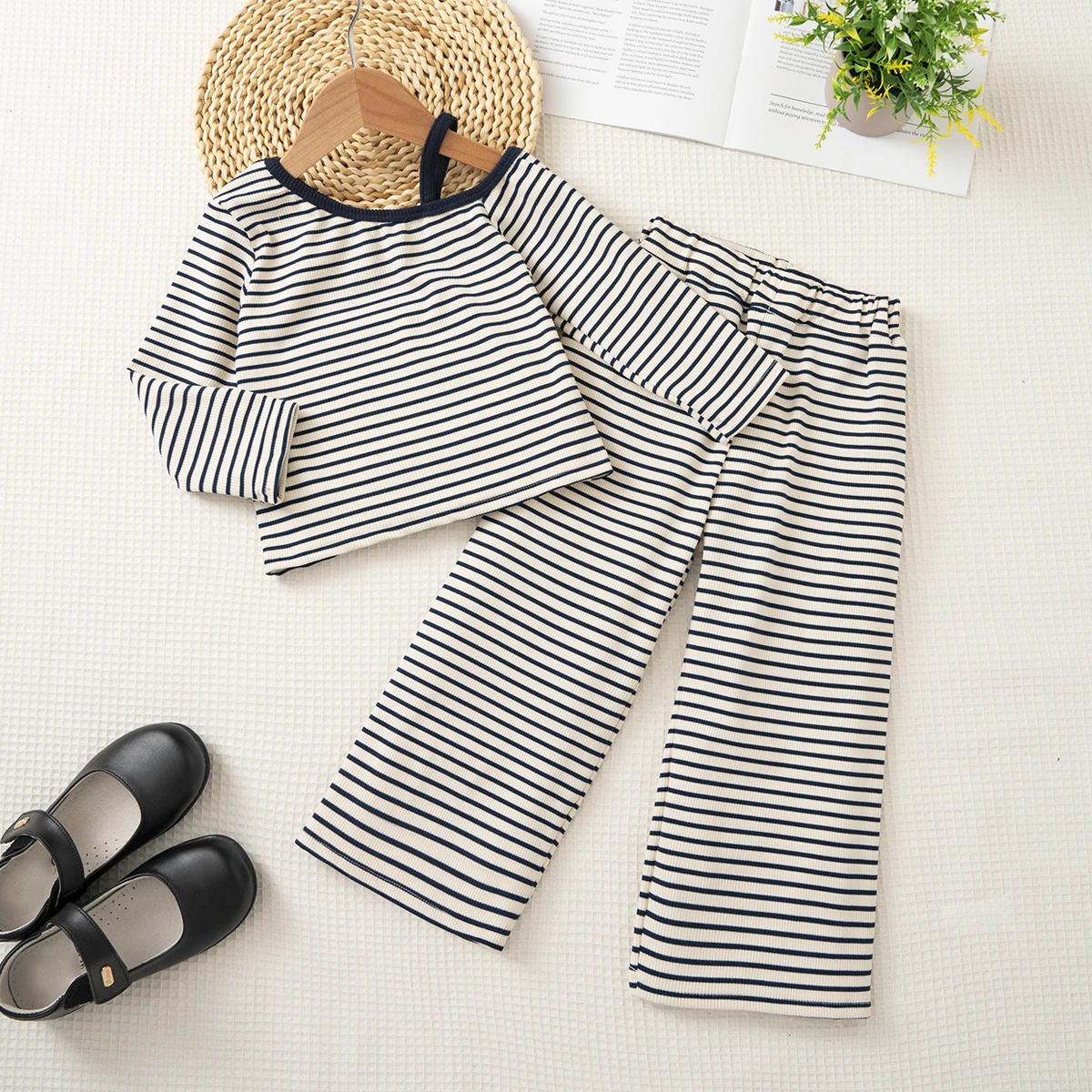 Girls 2Pcs Striped Knit Set Spring Autumn Outfits Casual Soft  Round Neck Single Shoulder Strap Top & Long Pants Suit for 3-8Y