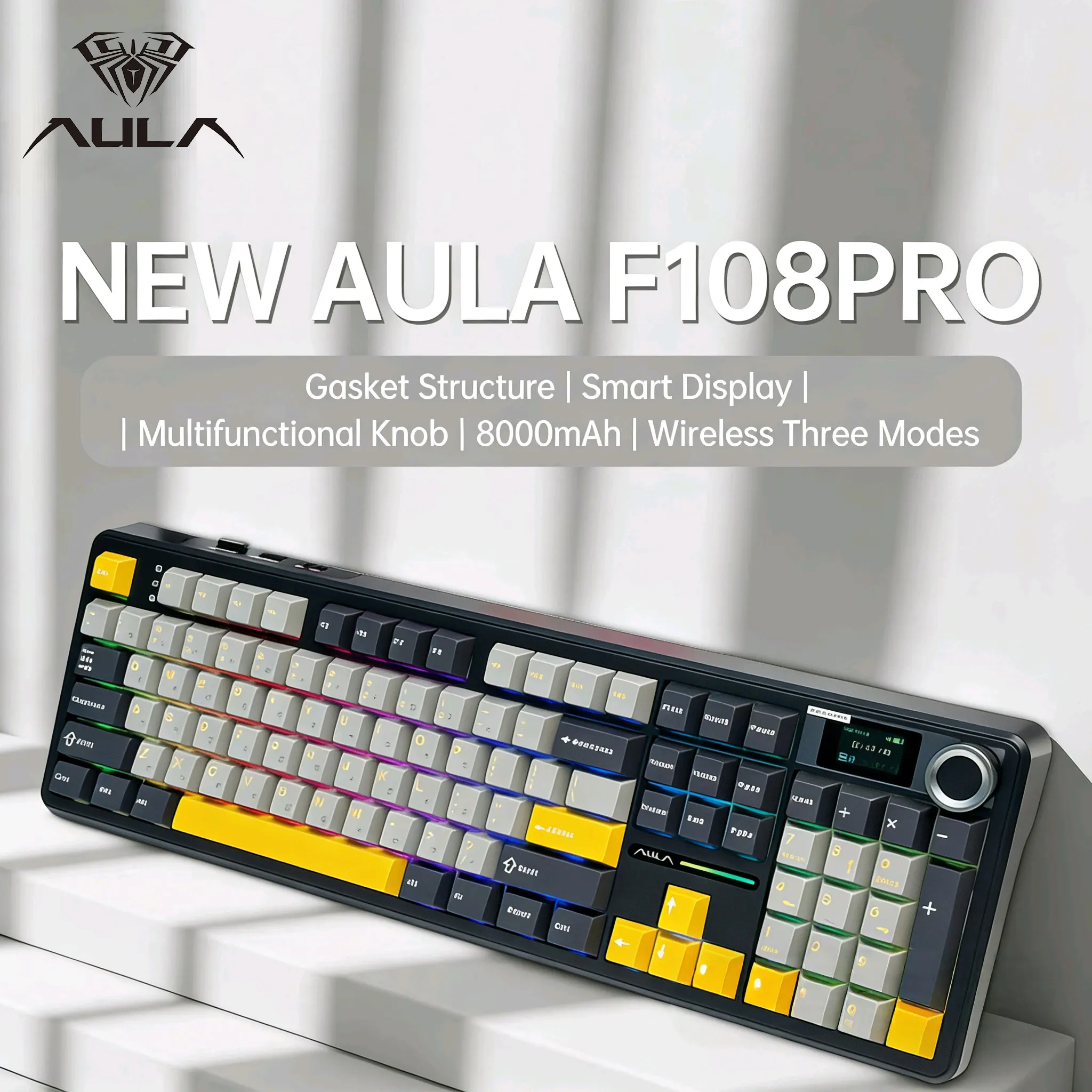 AULA F108Pro Mechanical Keyboard PBT Keycaps Tri Mode Multi-Knob Screen RGB Esport Gaming Wireless Keyboard W/ TFT Smart Display