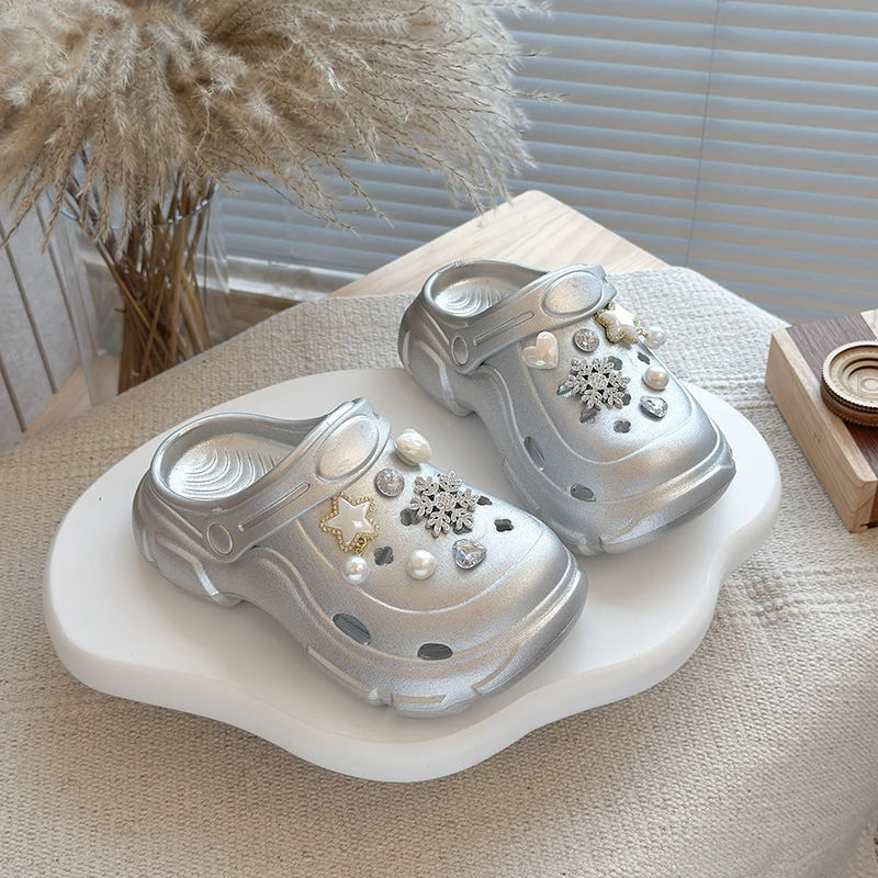 Summer Kids Fashion Platform Slippers New Outdoor Girls Rhinestone Causal Shoes Breathable Non-slip Children's Beach Slippers