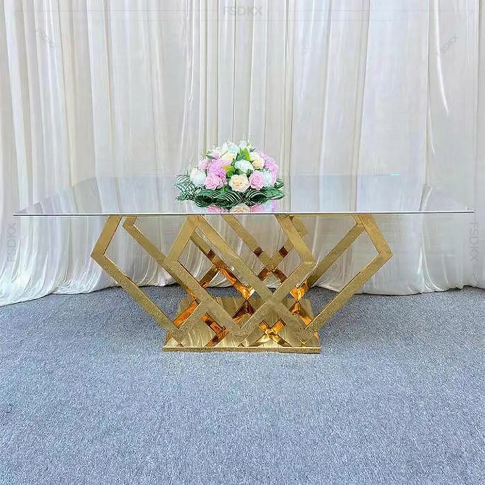 

New Design Glass Wedding Table with Crystal Silver Metal Frame Banquet Dining Table for Event Decorative