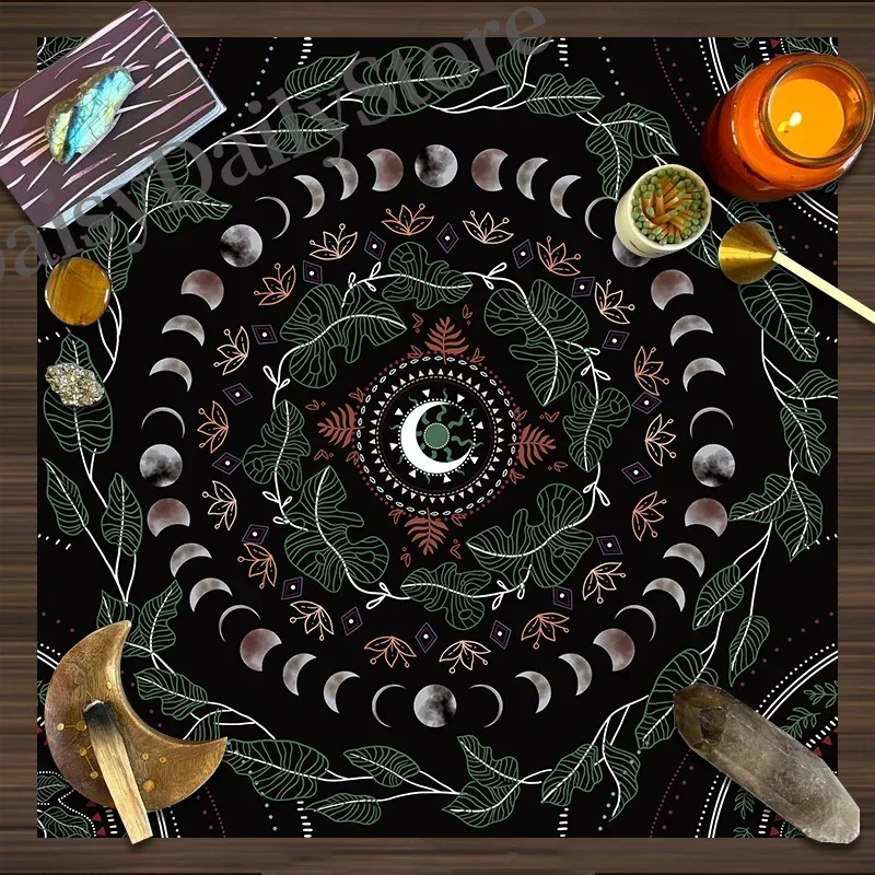 Tarot Cloth Moon Phase Mandala Leaf Velvet Cloth Fortune Telling Board Game Mat Polyester Printed Home Decor Altar Cloth