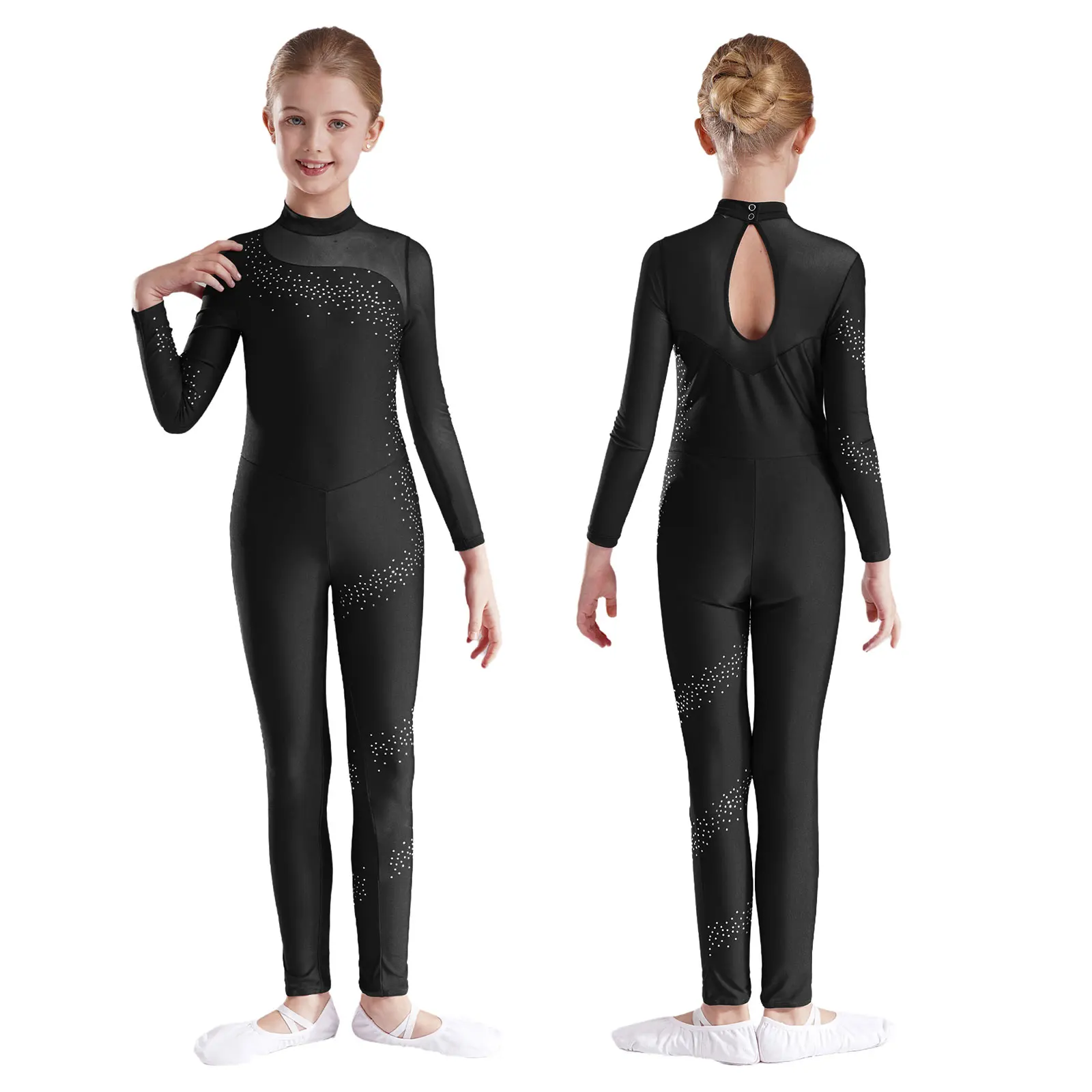 Kid Girls Figure Dance Leotard Jersey Skating Shiny Rhinestone Gymnastics Jumpsuit Sheer Mesh Long Sleeve Bodysuit Dance Costume