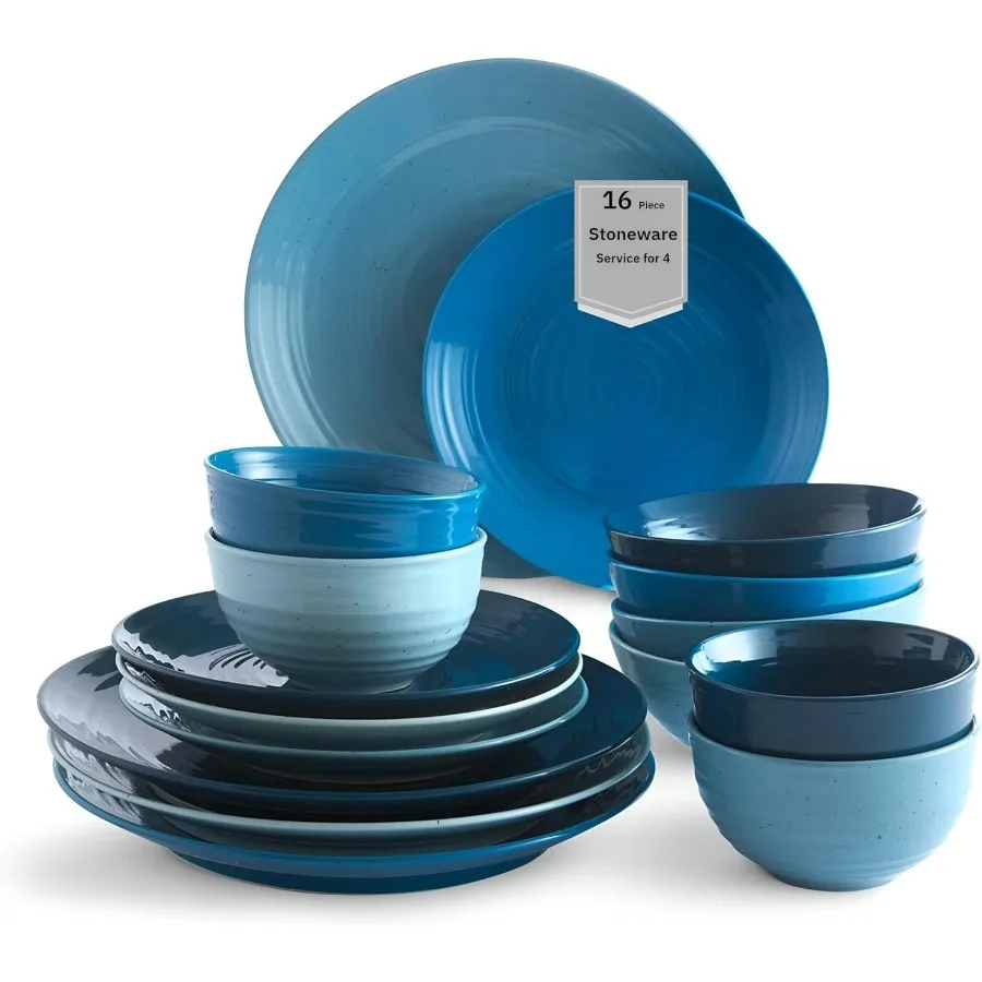 

Siterra Artist's Blend 16Piece Stoneware Dinnerware Set Service for 4 with Ocean Blue Glossy Glaze and Unique Speckled Design I