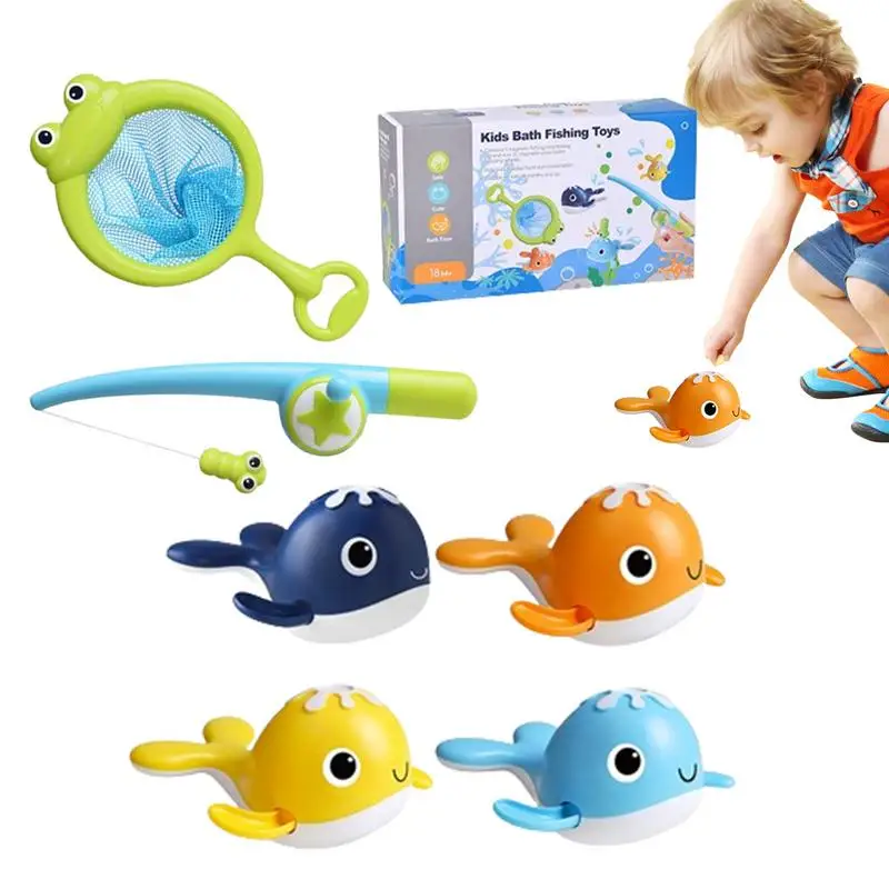 Kids Fishing Pole Toy Swimming Whales Bathtub Toy Whale Water Shower Magnet Baby Bath Fishing Interactive Developmental Kids