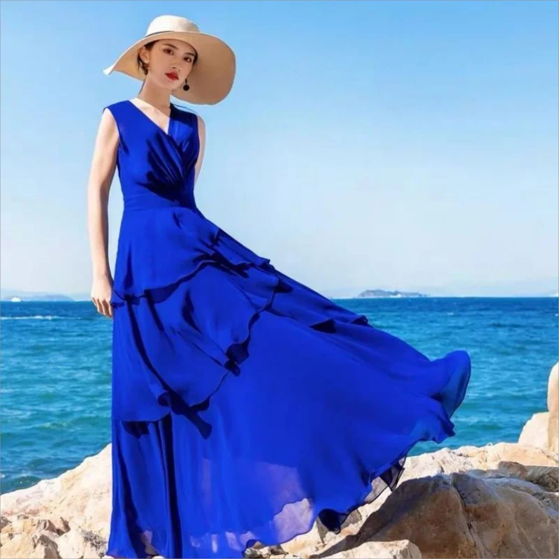 Office Lady V-neck Sleeveless Solid Empire Wave Cut Fashion A-LINE Slender Summer Dress Women 2024 Chiffon Thin Women Clothing