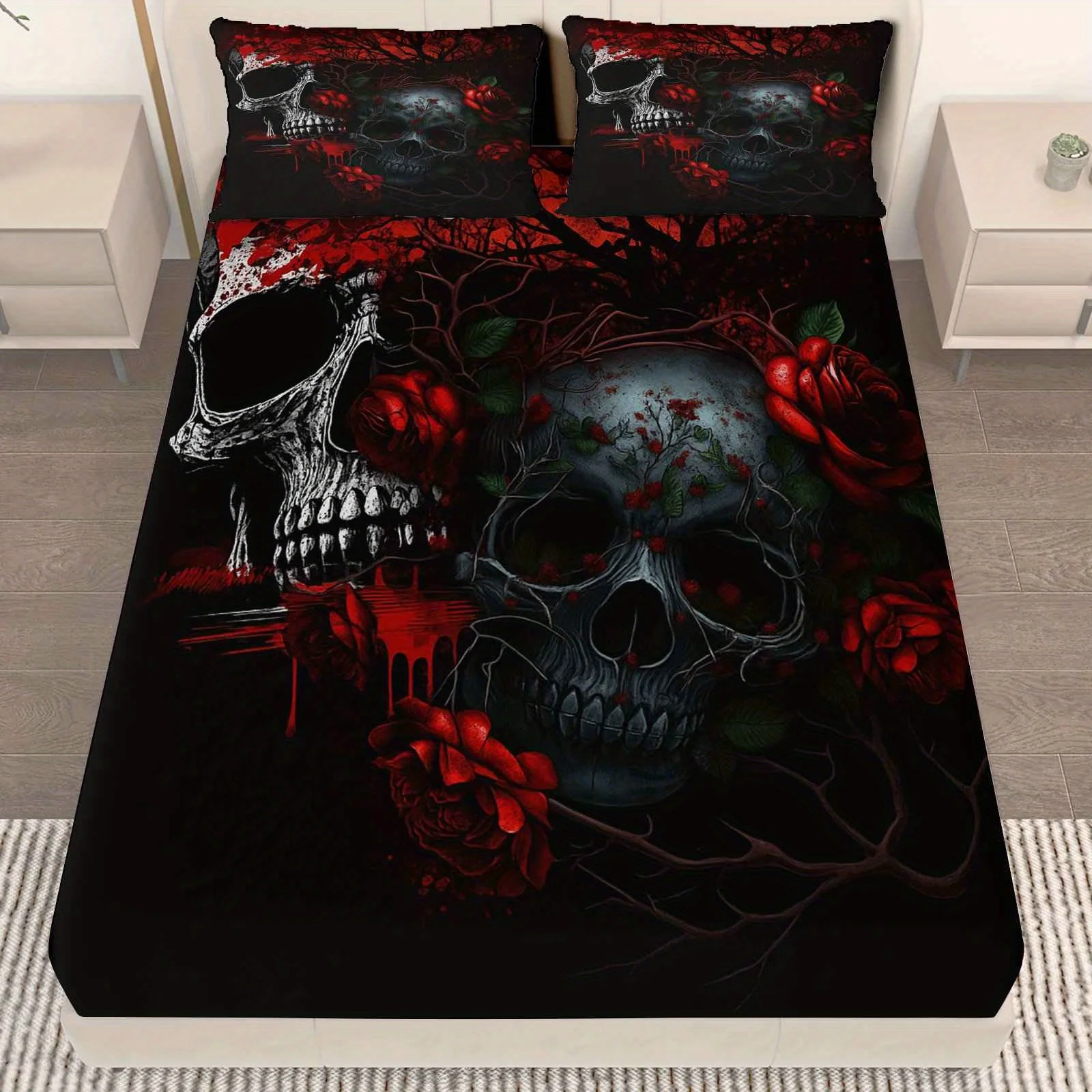 3-Piece Set of Dark Gothic Skull Rose Bed Sheets (1 Fitted Sheet + 2 Pillowcases, No Core), Halloween Theme, Horror Style, Soft and Breathable, Suitable for Decorating Bedrooms, Living Rooms, Study Rooms, Parties