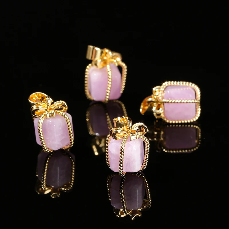 1 Pc Natural Kunzite Stone Carved Gift Box Shape Copper Buckle Pendant Charms For Jewelry Making Diy Necklace Bracelet Accessory