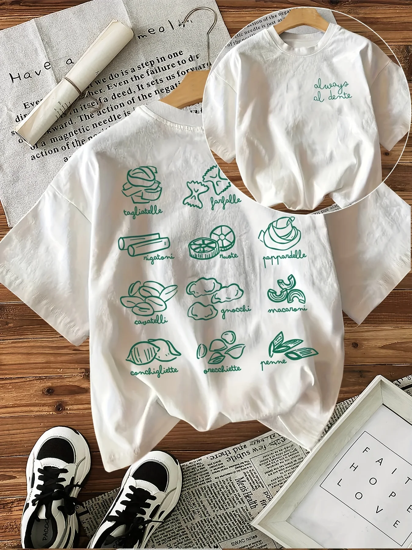 100 % Baumwolle 90er Y2k Kurzarm-T-Shirt mit Rundhalsausschnitt und doppelseitigem T-Shirt mit Schmetterlingsnuss-Knödel-Essen-Aufdruck