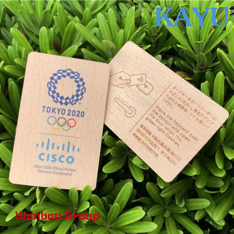 Custom  RFID IC wooden key card 13.56 mhz f08 chip visit card bamboo nfc tap cherry wood chips ID magnetic wooden business card