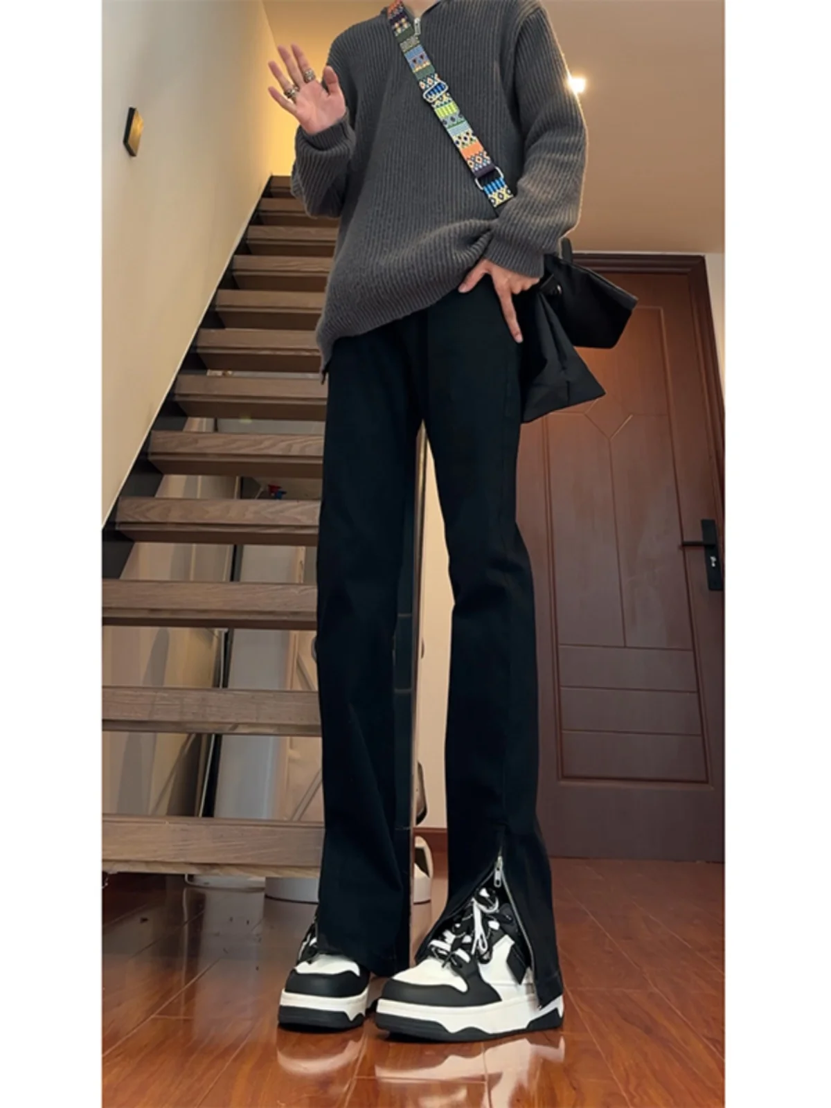 

Мужские джинсы American Vibe Bla: модные прямые брюки с микро-клешем и боковой молнией, повседневная молодежная одежда из хлопка и полиэстера...