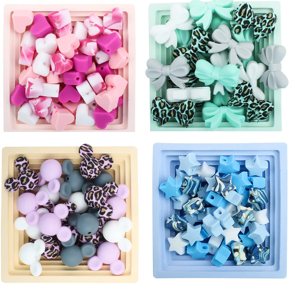 Cuentas de silicona con forma de corazón y estrella para dentición de bebé, mordedor con impresiones, collar de cadena de chupete, masticables de