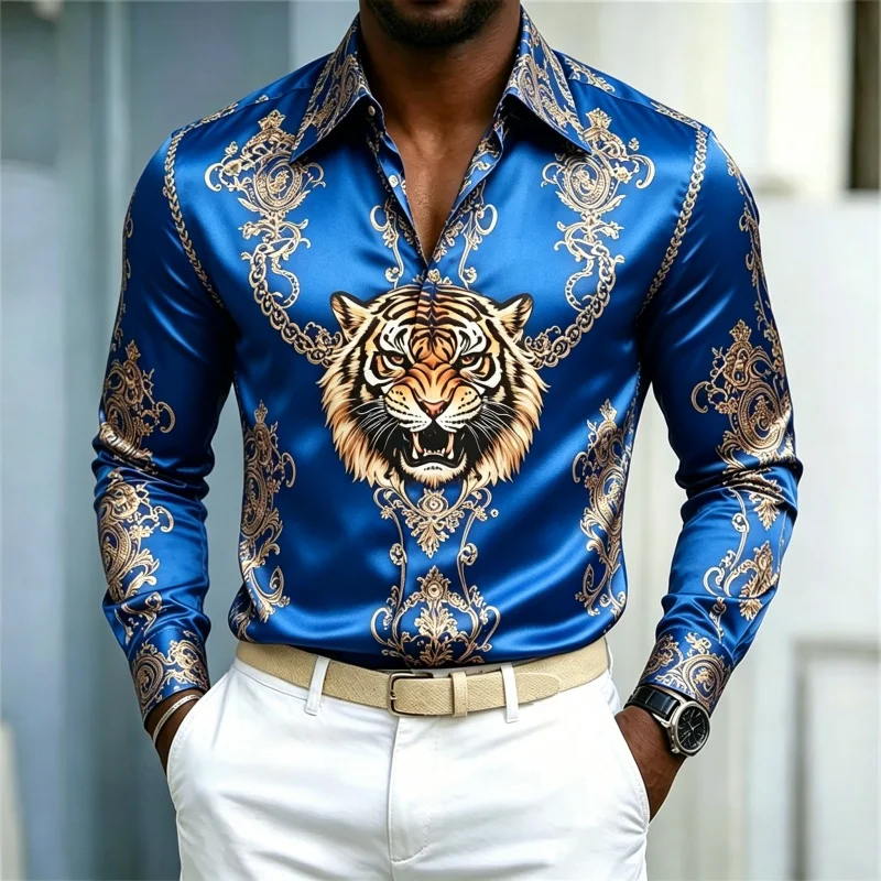 2026 New Tiger Head Printed Men's Long Sleeve Shirt Blue Bottom Gold Contrast European Pattern Business Casual Shirt XS-6XL