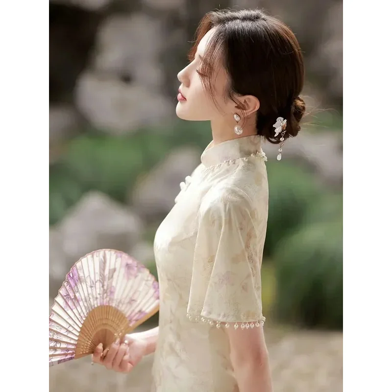 فستان شيونغسام تقليدي ربيعي 2023 بأكمام قصيرة ناعم عتيق أزياء حفلات الزفاف النحيفة أنيقة طويلة تشيباو S إلى XXL