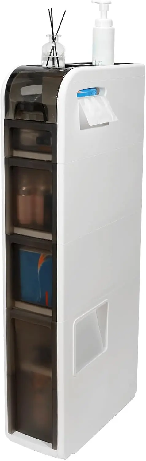 

Slim Bathroom Storage Cabinet, Waterproof Narrow Bathroom Floor Cabinet, with Trash Can and Movable Bathroom Storage Cabinet