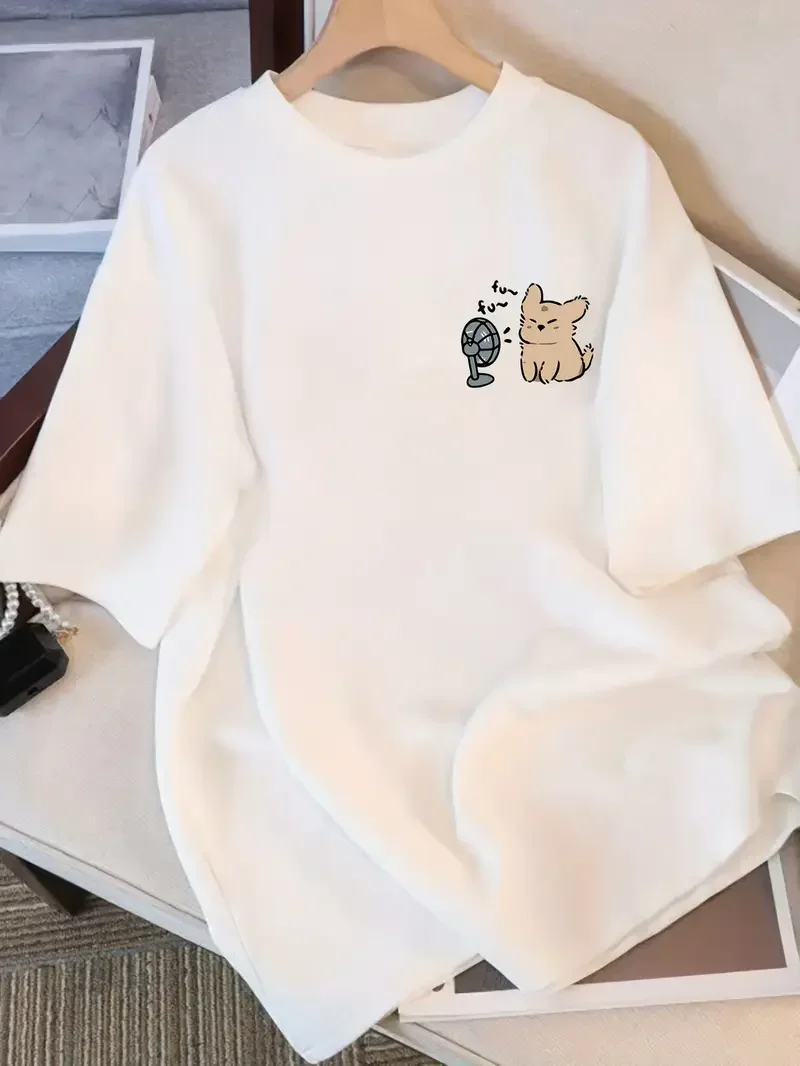 Cartoon Animal Print Cute Trendy Top Women Clothing Cute Dog with Fan Women's Short Sleeve Fashion Harajuku Kawaii Y2K Clothing