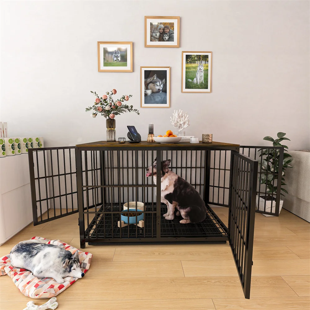 Heavy Duty XXL Dog Crate Wooden Industrial Dog Cage Kennel Furniture Style End Table Cabinet with Three Doors and Removable Tray