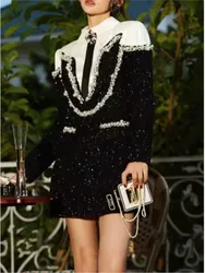 Women' Elegant Xiaoxiangfeng Mini Dress Sequin Beading Pearl Patchwork Temperament Slim A-line Dress Lady Commuting Vestidos New