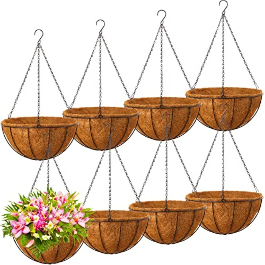 

8 шт. 14-дюймовых подвесных корзин для растений на открытом воздухе с металлическим каркасом и вкладышами из кокосового волокна, круглые подвесные корзины из проволоки