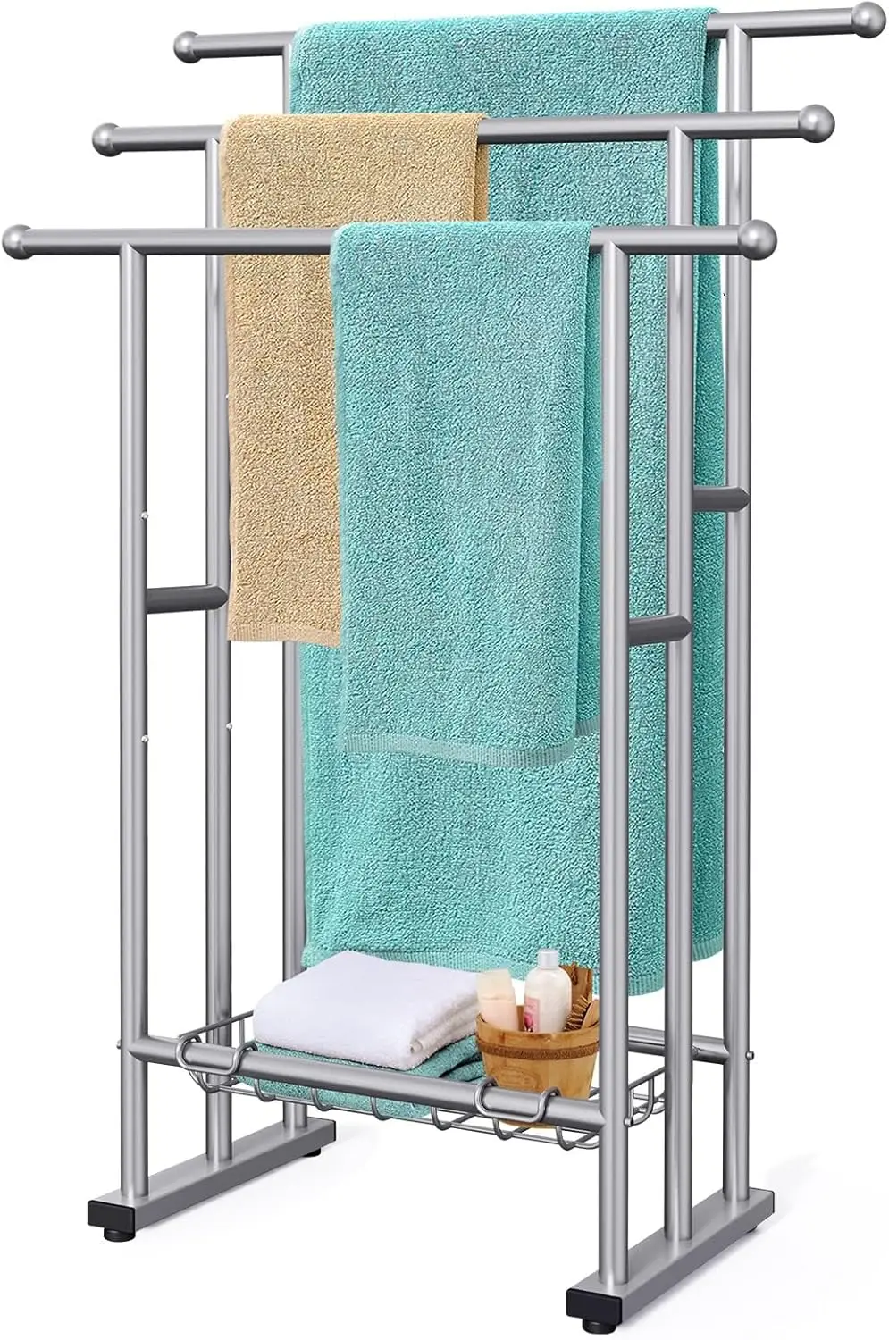 

40" Tall Freestanding Towel Racks for Bathroom, 3 Tier Floor Towel Rack with Storage Basket, Blanket Ladder Drying and Displa
