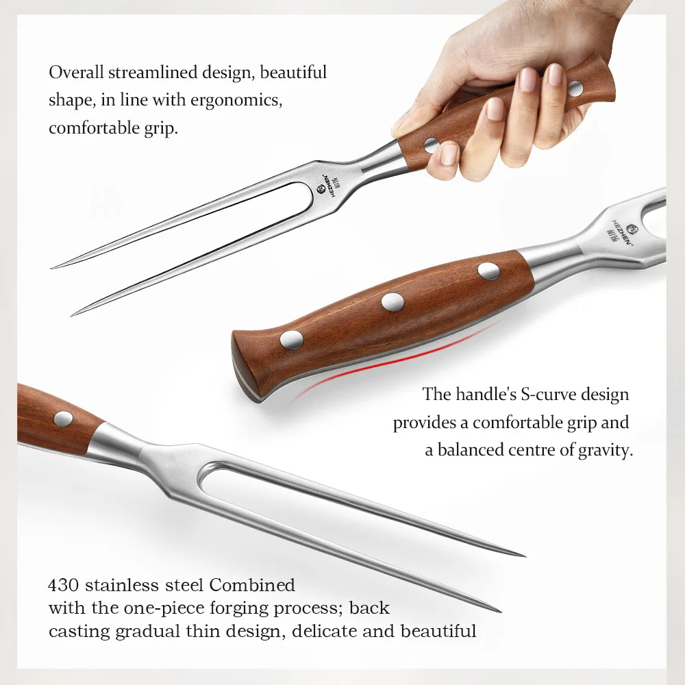 HEZHEN Barbecue Fork German Stainless Steel 1.4116 & Rosewood Handle BBQ Skewer - Durable Barbecue Tool for Grilling Meat