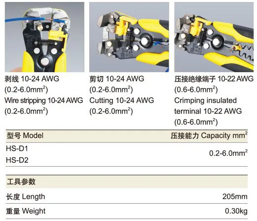 HS-D1 D4 ケーブルワイヤーストリッパーカッタークリンパー自動多機能タブ端子圧着ストリッププライヤーツールコネクタ