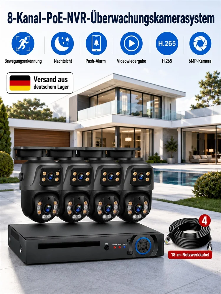KERUI 8CH 6MP HD POE NVR Kit Heimsicherheitskamerasystem Doppellinsen-Außen-IP-Kamera Videoüberwachung NVR Kit CCTV mit Personenerkennung