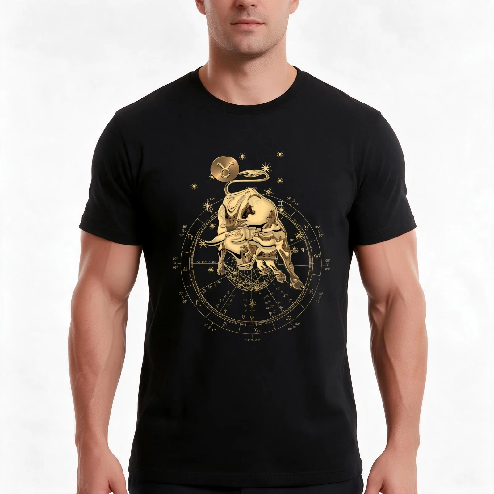 Western Zodiac - Golden Taurus - The Bull on Black Canvas T-Shirt, Summer Casual Cotton Tee, Oversized Streetwear Tops