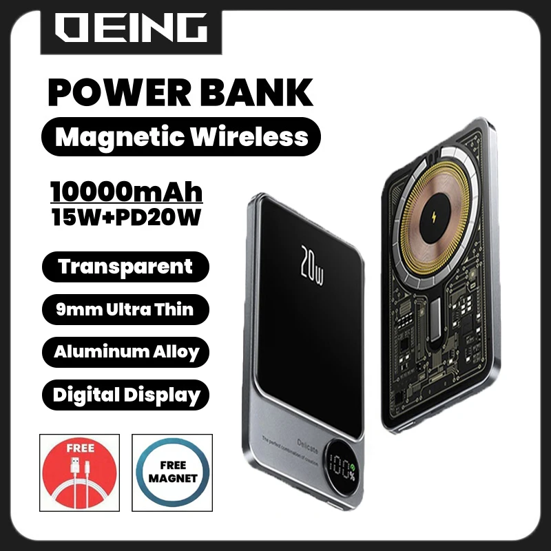 

2025 New 10000mAh Transparent Magnetic Powerbank 15W Portable Wireless Charger For Magsafe Power Bank For iPhone Xiaomi Samsung