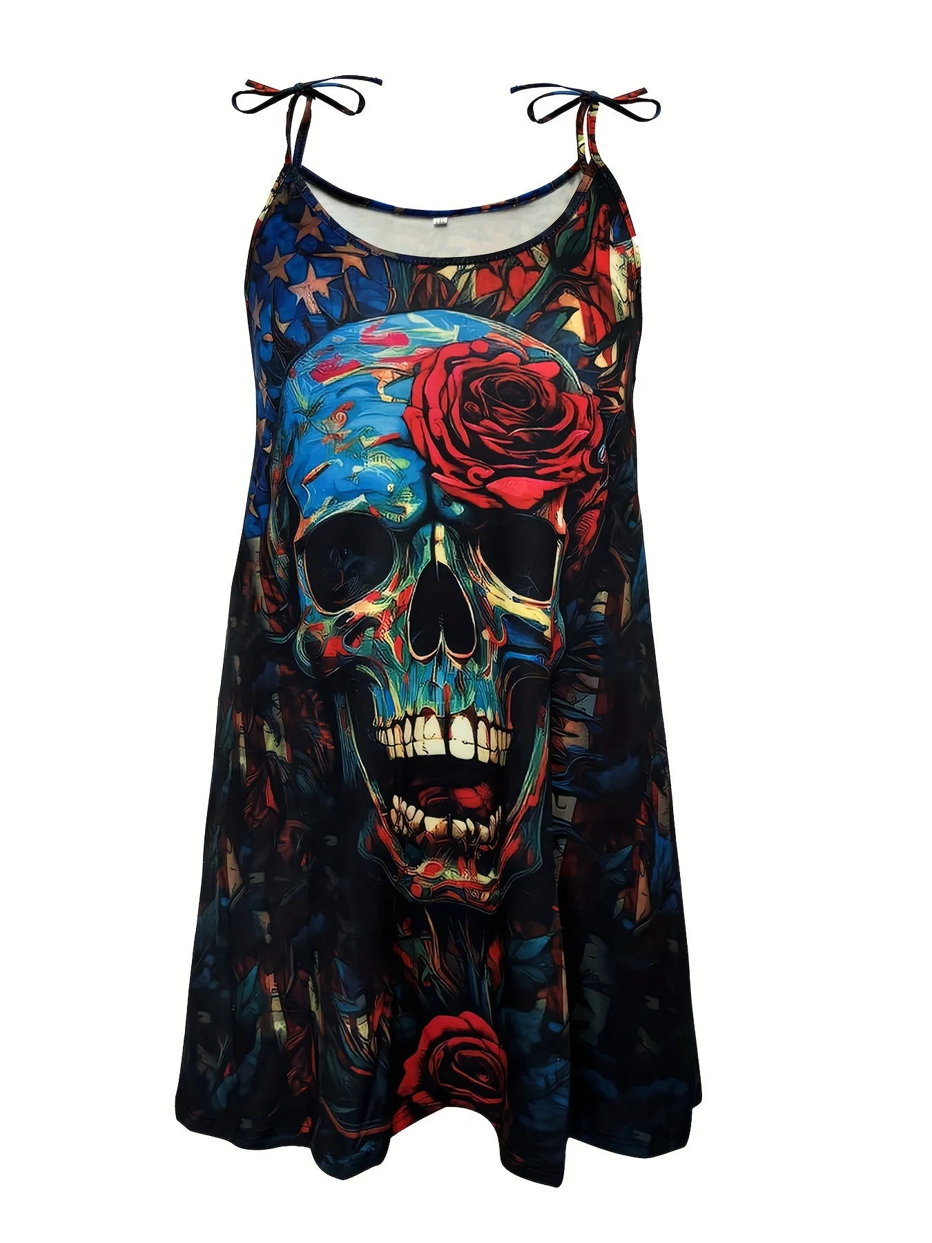 Women's Plus Size Independence Day Skull Print Cami Dress, Casual Crew Neck Lace Up Strap Dress For Spring & Summer Clothing