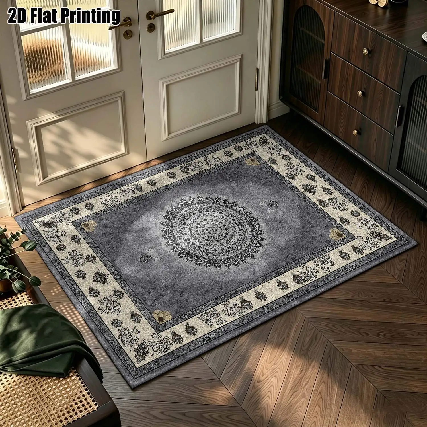 1Pc 2D Printed Blue-Grey Retro Floral European Vintage Bohemian Geometric Carpet, Machine Washable, Multi-Size, Ideal for Home Decor, Entrance, Dining Room, Foyer, Bedroom, Living Room