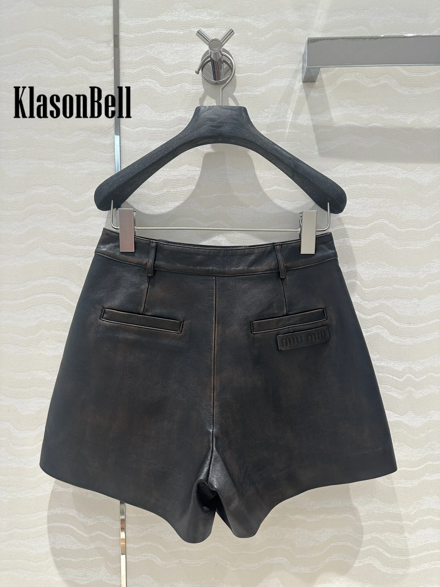 8.18 KlonasBell Women Distressed Design Moto Biker Sheepskin Stand Collar Short Jacket Or Side Zipper High Waist Shorts Set