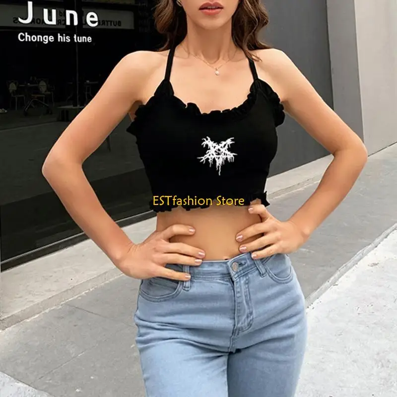 Y5GC Women Gothic Sexy Halter Sleeveless Crop Top Harajuku Five-Pointed Star Print Camisole Trim for Cross Back