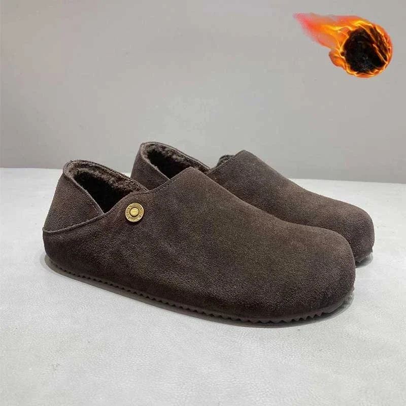 Zapatos planos de cuero para hombre, zapatos de nieve informales para mujer con forro polar, zapatos de invierno nuevos y cálidos para caminar al aire libre, zapatos de conducción de cuero partido.