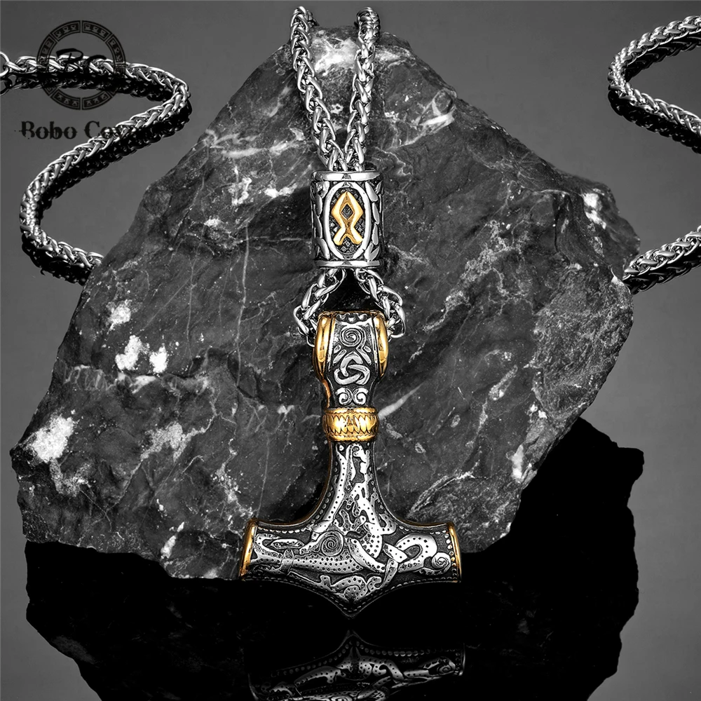 Gold Plated Norse Runes Beads Thor's Hammer Necklaces Men's Stainless Steel Mjolnir Pendant Vikings Anchor Amulet Male Jewelry