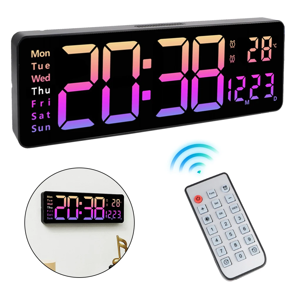 Temp Date Week Display Wall-mounted Remote Control Table Clock Dual Alarms LED Clocks Power Off Memory Large Digital Wall Clock