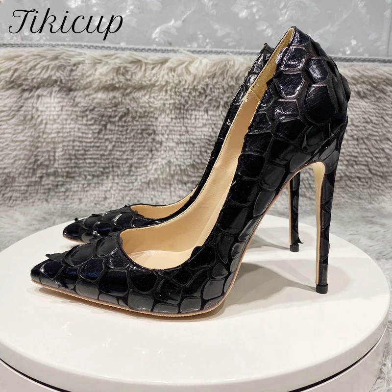 Tikicup Black Crocodile-Effect Women Sexy Pattern Pointy Toe Stiletto Pumps Ladies Party Dress High Heel Shoes Small Size 33-45