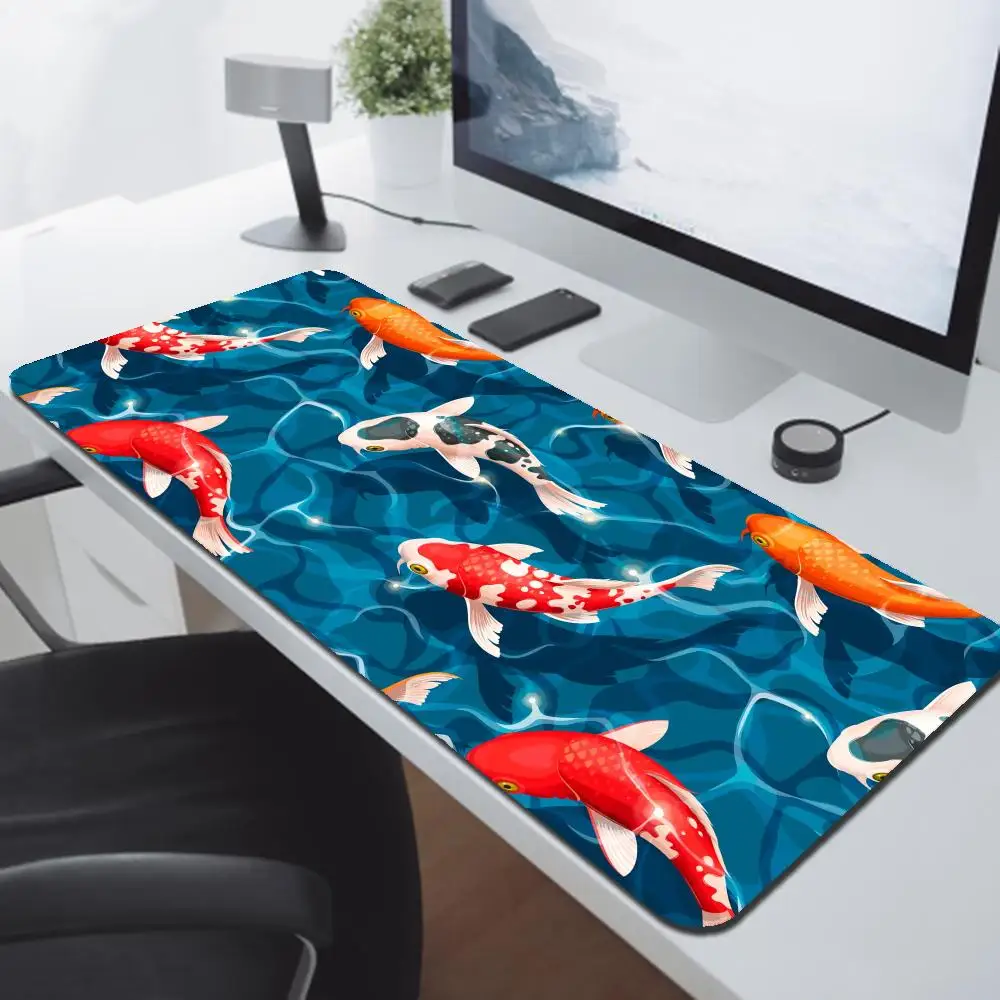 Japanese Mousepad Koi Desk mat Minimal Japan Mousepad Gold Blue Anime Aesthetics XXL Gaming Deskmat Nature Large Mouse Pad 90x40